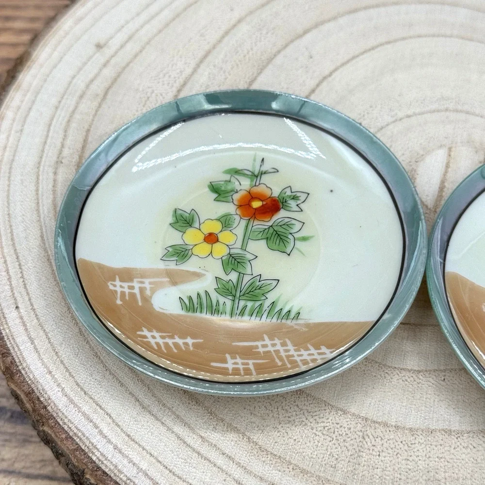 Set‎ of 2 Vtg Lusterware Demitasse Saucers Plates Floral Japan Peach Green 1920s